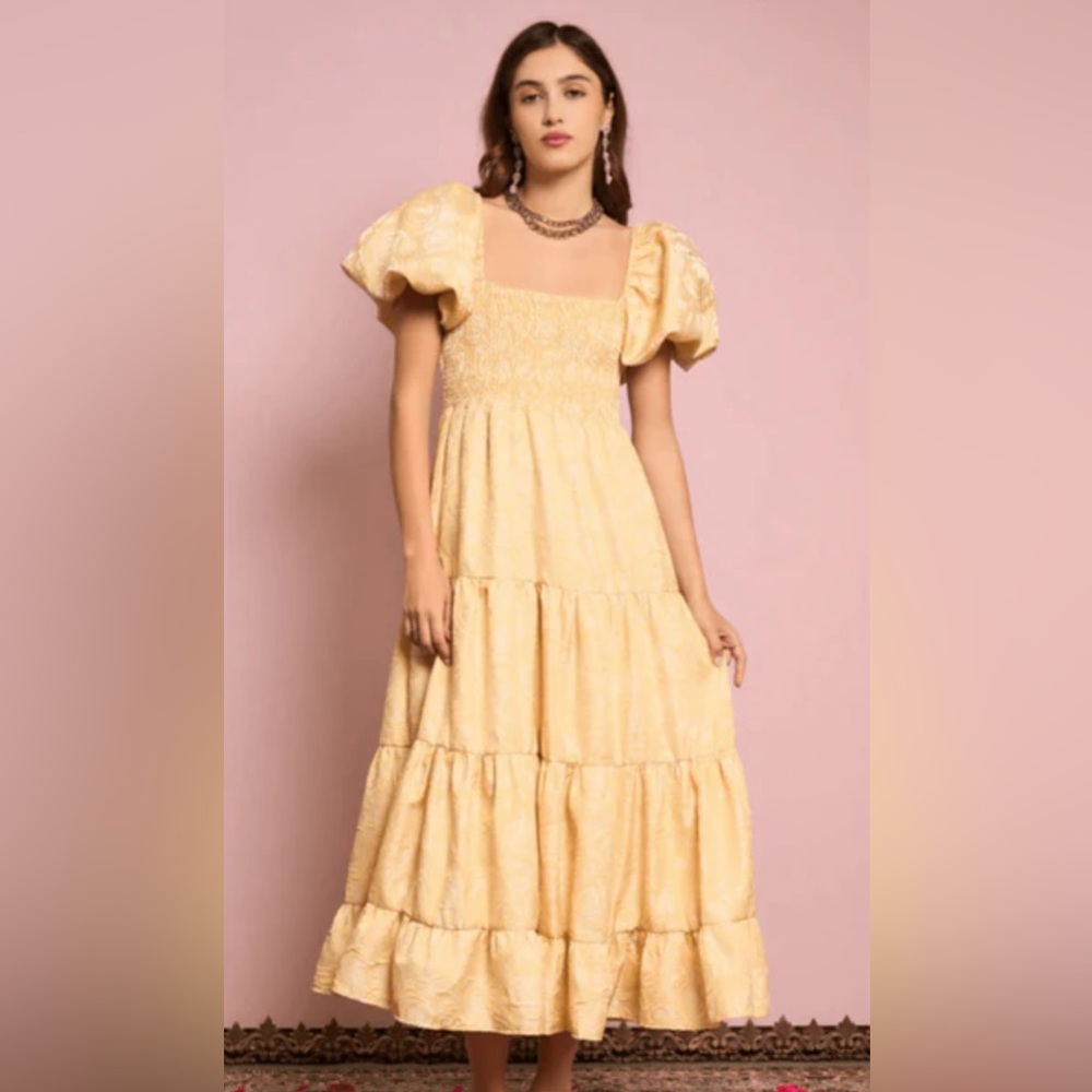 Sister Jane Marigold Jacquard Tiered Dress β Venetian Gold Size Medium - Picture 4 of 6